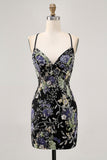 Sparkly Bodycon Spaghetti Straps Sequins Floral Short Homecoming Dress with Lace Up Back