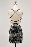 Black Bodycon Short Floral Homecoming Dress with Sequins