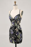 Sparkly Bodycon Spaghetti Straps Sequins Floral Short Homecoming Dress with Lace Up Back