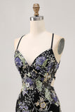 Sparkly Bodycon Spaghetti Straps Sequins Floral Short Homecoming Dress with Lace Up Back