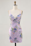 Pink Bodycon Short Floral Homecoming Dress with Sequins