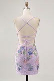 Pink Bodycon Short Floral Homecoming Dress with Sequins