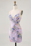 Pink Bodycon Short Floral Homecoming Dress with Sequins