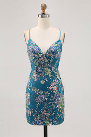 Bodycon Short Floral Peacock Homecoming Dress with Sequins