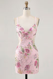 Pink Bodycon Short Floral Homecoming Dress with Sequins