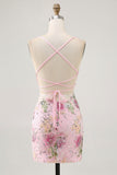 Pink Bodycon Short Floral Homecoming Dress with Sequins