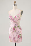 Pink Bodycon Short Floral Homecoming Dress with Sequins