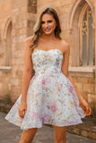 Sparkly A-Line Strapless Floral Short Homecoming Dress with Sequins