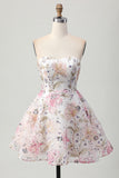 Sparkly Sequins A-Line Strapless Floral Short Homecoming Dress