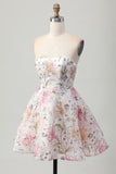 Sparkly A-Line Strapless Floral Short Homecoming Dress with Sequins