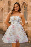 Sparkly Sequins A-Line Strapless Floral Short Homecoming Dress