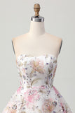 Sparkly A-Line Strapless Floral Short Homecoming Dress with Sequins