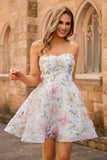 Sparkly Sequins A-Line Strapless Floral Short Homecoming Dress