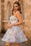 Sparkly Sequins A-Line Strapless Floral Short Homecoming Dress