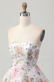 Sparkly A-Line Strapless Floral Short Homecoming Dress with Sequins