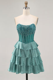 Peacock Green A-Line Corset Strapless Tiered Homecoming Dress with Rhinestones