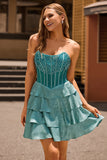 Peacock Green A-Line Corset Tiered Strapless Homecoming Dress