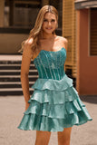 Peacock Green A-Line Corset Tiered Strapless Homecoming Dress