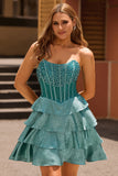 Peacock Green A-Line Corset Tiered Strapless Homecoming Dress