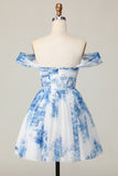 Off the Shoulder White Blue Flower A Line Short Homecoming Dress