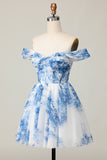 White Blue Flower Off the Shoulder A Line Short Homecoming Dress