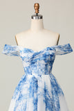 White Blue Flower Off the Shoulder A Line Short Homecoming Dress