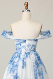 White Blue Flower Off the Shoulder A Line Short Homecoming Dress