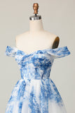 White Blue Flower Off the Shoulder A Line Short Homecoming Dress