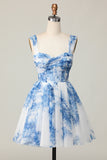 White Blue Flower Off the Shoulder A Line Short Homecoming Dress