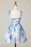 White Blue Flower Off the Shoulder A Line Short Homecoming Dress