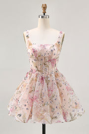Sparkly Floral A-line Square Neck Sequins Short Homecoming Dress with Lace Up Back