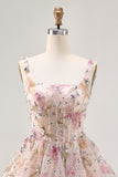 Sparkly Floral A-line Square Neck Sequins Short Homecoming Dress with Lace Up Back