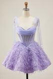 Lilac A-Line Spaghetti Straps Corset Beaded Short Homecoming Dress with Feathers