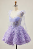 Lilac A-Line Spaghetti Straps Corset Beaded Short Homecoming Dress with Feathers