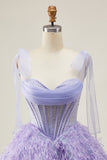 Lilac A-Line Spaghetti Straps Corset Beaded Short Homecoming Dress with Feathers
