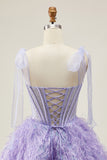 Lilac A-Line Spaghetti Straps Corset Beaded Short Homecoming Dress with Feathers
