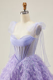 Lilac A-Line Spaghetti Straps Corset Beaded Short Homecoming Dress with Feathers
