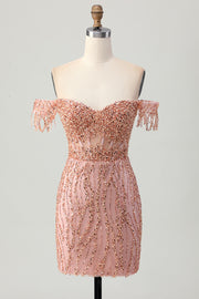 Dusty Rose Bodycon Off The Shoulder Corset Short Homecoming Dress with Beading