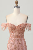 Dusty Rose Bodycon Off The Shoulder Corset Short Homecoming Dress with Beading