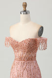Dusty Rose Bodycon Off The Shoulder Corset Short Homecoming Dress with Beading