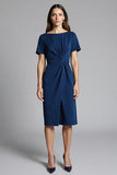 Navy Sheath Ruched Midi Work Dress