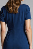 Navy Sheath Ruched Midi Work Dress