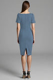 Navy Ruched Short Sleeve Sheath Work Dress