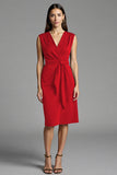 Sheath Navy V Neck Midi Work Dress With Sash
