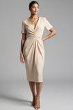 Simple Champagne Ruched Sheath Midi Work Dress