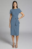 Beige Beaded Sheath Ruched Work Dress