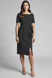 Beaded Champagne Ruched Midi Work Dress