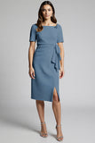 Beaded Champagne Ruched Midi Work Dress