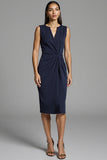 Navy Bodycon Ruched Satin Midi Work Dress