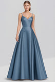 A-Line Spaghetti Straps Ruched Long Black Formal Dress